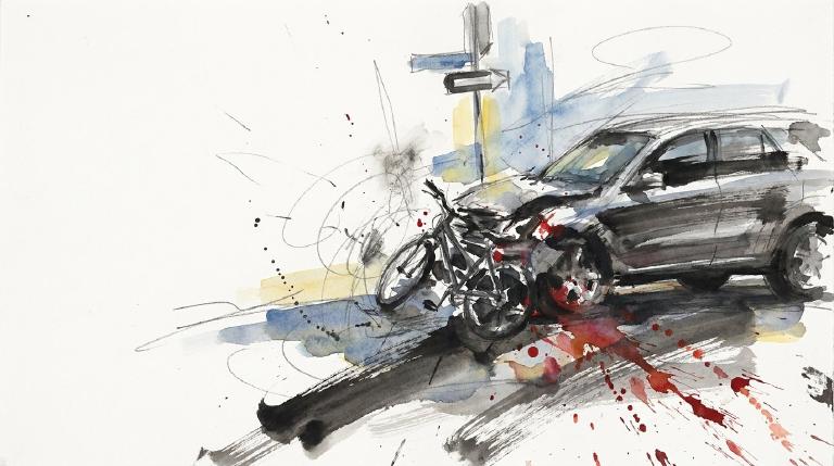 Abstract, flat graphic with comic borders. A simple blue SUV's front hits a yellow bicycle, angled for impact. The stark composition captures the serious moment of collision with minimal shapes and a solemn tone.