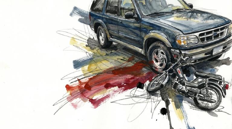 A stark, flat graphic in a comic-book style border illustrates a dark car crashing into a light-colored moped. An abstract figure is thrown from the moped, highlighted by a red burst, emphasizing the violent impact and injury.