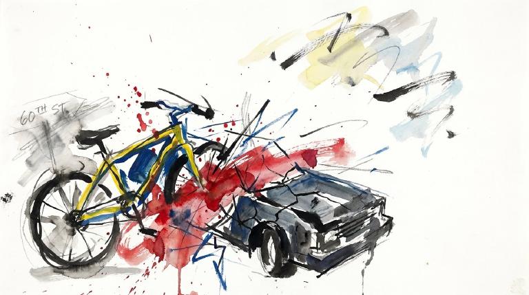 Abstract graphic with bold, comic-style borders. Flat, stylized shapes depict a car dangerously close behind a bicycle, with jagged lines implying a sudden, unsafe road incident. The tone is urgent, advocating for road safety.