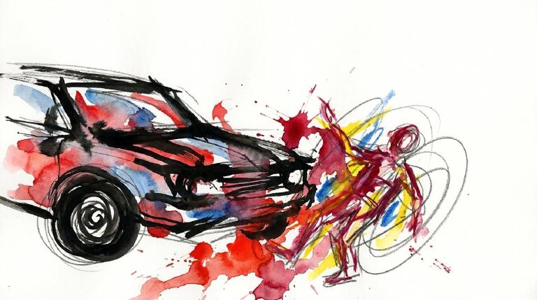 A respectful, abstract comic-style graphic depicts a speeding driver striking a mother on Decker Avenue. The flat, somber tones evoke a tragic Father's Day hit-and-run.