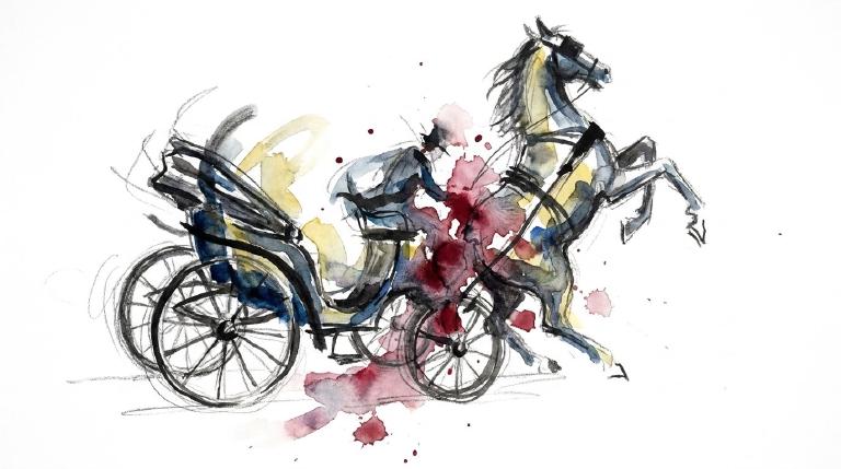 An abstract, flat graphic with comic borders. A runaway horse pulls an empty carriage through Central Park. A driver figure stands apart, while a small, fallen human shape lies on the ground nearby, depicting a tragic incident.