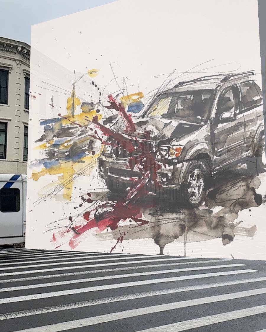 A street corner at dusk with traffic, people, and neighborhood storefronts.