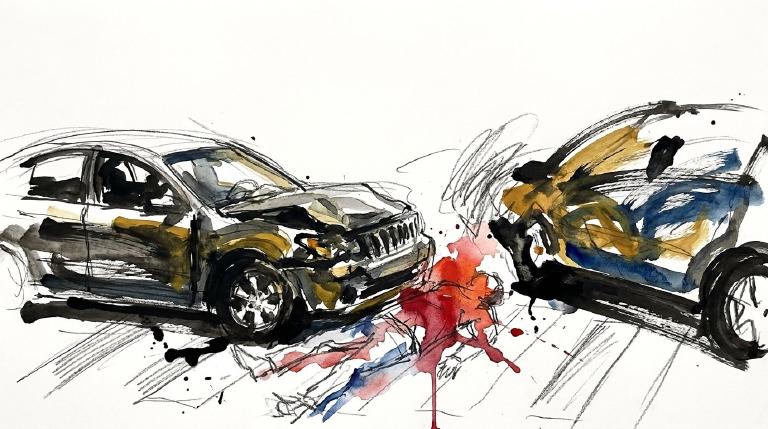 Abstract, flat graphic with comic borders. A simple car turns left, hitting a pedestrian in a crosswalk. The stark design and dark colors convey a serious, urgent tone about pedestrian safety.