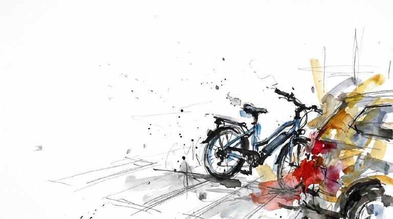 Abstract, flat graphic with comic-style borders. A simplified street scene shows an e-bike near a pedestrian at an intersection, implying a crash. The clear, informative tone highlights urban street safety challenges.