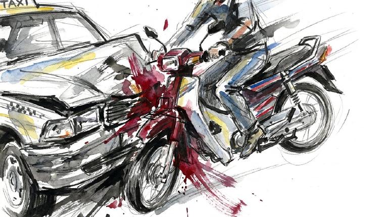 An abstract, flat graphic with thick comic-style borders depicts a simplified intersection scene. Overlapping geometric shapes represent vehicles in collision, with a small, vulnerable figure lying on the ground. The stark, impactful design highlight