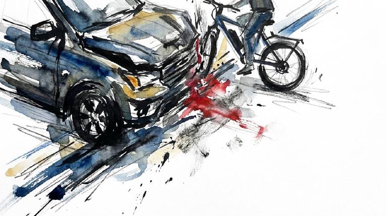 Flat, abstract graphic with thick black comic-style borders. A dark car shape collides with a smaller e-bike rider shape on a road. Jagged lines emanate from the impact, conveying a jarring collision and a serious, cautionary tone, set at night.