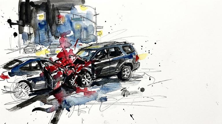 An abstract graphic shows a simplified car with a subtle blurred outline, indicating instability, crashing into a flat, parked SUV. Stark lines and muted colors convey a serious, cautionary tone. No comic-style borders are visible.