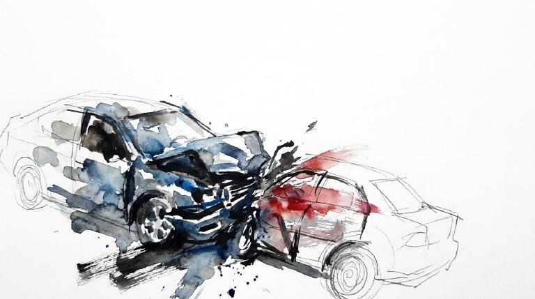 An abstract, flat graphic, framed by a bold comic-style border, uses stark shapes and lines to represent a sudden traffic incident. The illustration's serious tone highlights the impact of a collision.