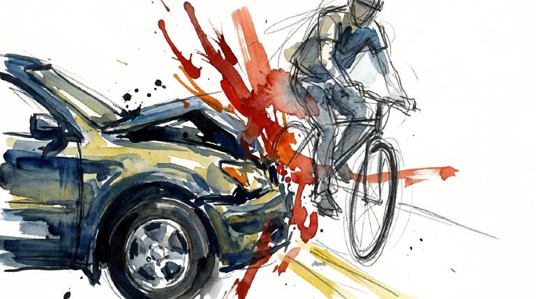 Abstract flat graphic, framed like a comic panel. Simple shapes of a car and a bicycle are shown in the moment of impact, conveying a stark, serious depiction of a road collision.