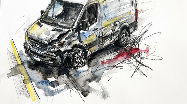 Abstract, flat graphic with comic-style borders. A stylized arm in the foreground shows a red mark, indicating a minor injury. Behind it, a simplified van represents the vehicle involved. The tone is clean and slightly somber.