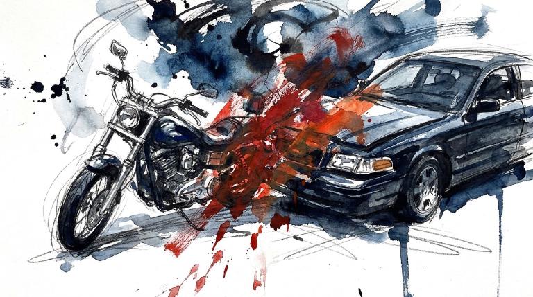 Abstract, flat graphic using dark blues and grays, showing a car and motorcycle colliding at night. A figure is ejected from the bike. Bold, comic-style outlines give it a stark, urgent tone.