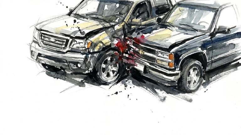 A flat, abstract graphic with comic-style borders depicts two simple SUVs colliding at an intersection. One SUV is turning left into the path of the other, illustrating a moment of inattention. The tone is cautionary.