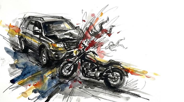 An abstract, flat graphic framed by dark, comic-style borders. Simple shapes represent a car hitting a motorcycle on a dark road, with lines indicating impact and speed. The somber tone highlights the serious consequences of driver inattention.