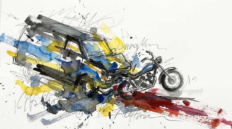 Abstract, flat graphic: A large grey rectangle (SUV) hits a small black rectangle (motorcycle). Red lines show impact. The simple, stark scene is framed by bold comic-style borders.