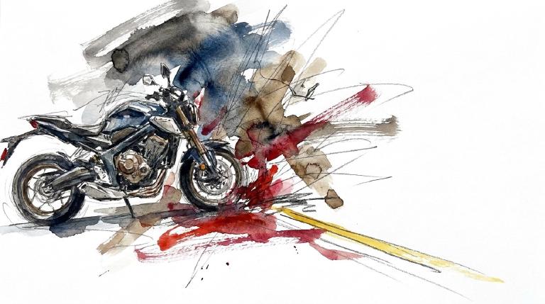 An abstract, flat graphic shows a lone motorcycle shape on a dark, multi-lane highway. Stylized lines convey speed and a sudden, somber halt. The respectful scene is free of graphic detail.