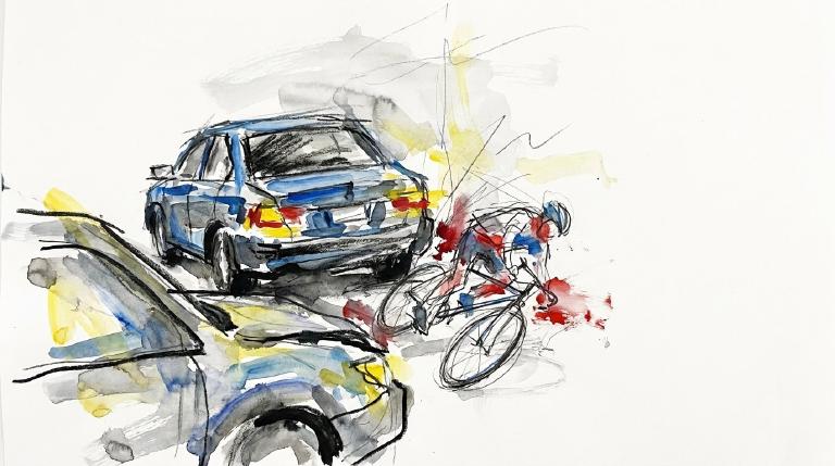 A flat, abstract graphic in a comic panel depicts a simplified car sharply impacting a cyclist. The stark, serious scene highlights the danger of driver inattention and failure to yield.