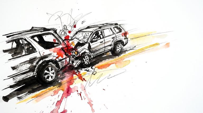 Abstract flat graphic: Two simple, brightly colored cars collide on a gray road. Stylized impact lines burst from the point of contact. The scene has a clean, almost stark look, framed by thin comic-style borders, conveying a serious but illustrative