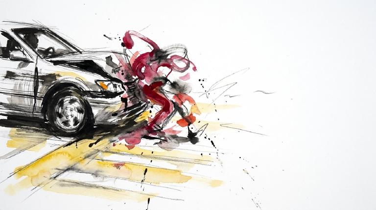 An abstract, flat graphic, framed by comic-style borders, depicts a yellow car turning left at a rainy street intersection. A pedestrian is in the car's path, suggesting an imminent, stark collision. The overall tone is cautionary.
