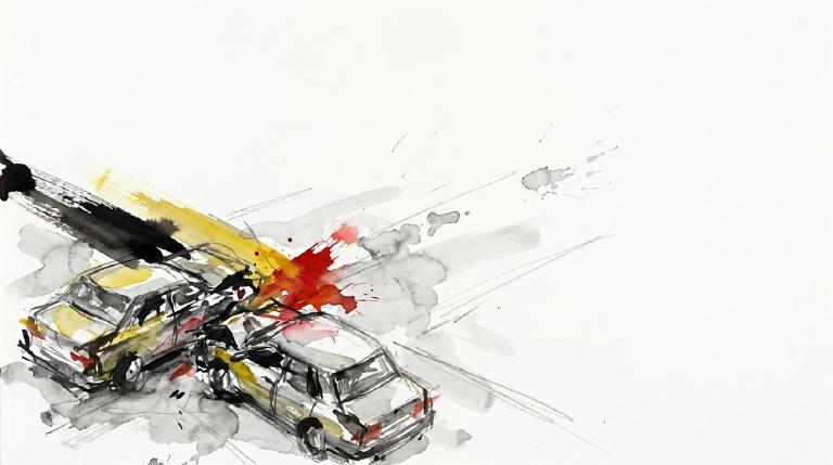 Abstract graphic depicts two stylized cars, a sedan turning right into an SUV, at a stark, flat intersection. Bold, comic-style outlines and motion lines convey the impact. The scene is clear and serious.