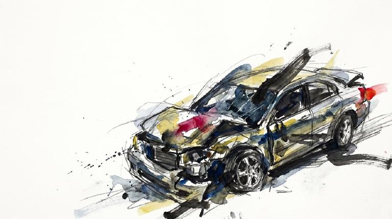 A stylized, flat graphic depicts two minimalist cars in a rear-end collision on a gray road. White impact lines radiate from the point of contact. The scene is enclosed by a dark, comic-book-style border, conveying a stark, serious tone.
