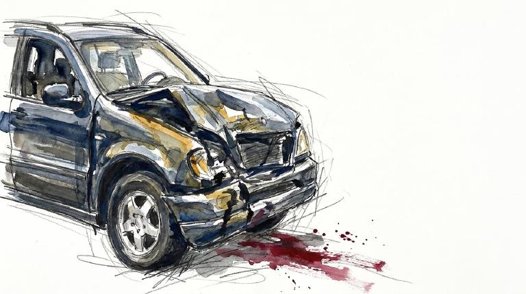 An abstract, flat graphic within comic-style borders depicts a simplified, distorted car outline with sharp, broken lines radiating outward. Muted colors and stark shapes evoke a somber sense of collision and tragedy.