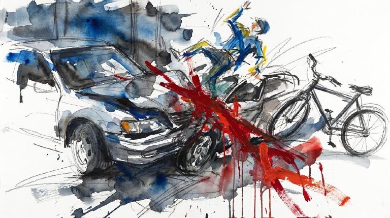 Abstract, flat graphic with thick comic-style borders. A simplified car shape and a bicycle shape are depicted in collision. A third, indistinct shape lies prone nearby, conveying the severe impact and injury to the rider.