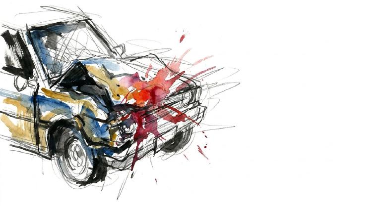 Abstract, flat graphic with comic-style flair. A crumpled car lies on a road. Inside, abstract figures depict multiple occupants affected by the crash. The tone is somber, illustrating the collision's impact.