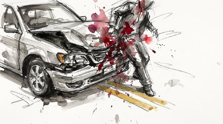 A flat, abstract graphic with bold, comic-style borders depicts a simplified car striking a human figure on a gray street. A red burst marks the point of impact, creating a stark and urgent visual emphasizing road safety issues.