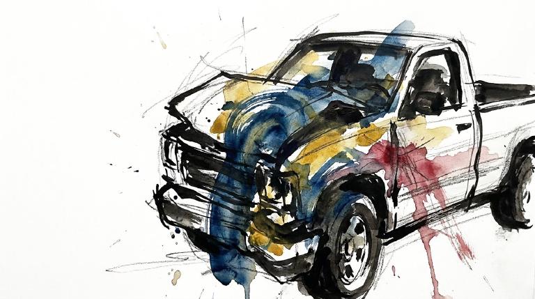 Abstract graphic: A stylized car is askew on a road, with a red starburst indicating impact. Above, a flat-style head shows swirling lines, depicting injury and confusion. Clean, comic-book style borders frame the serious scene.