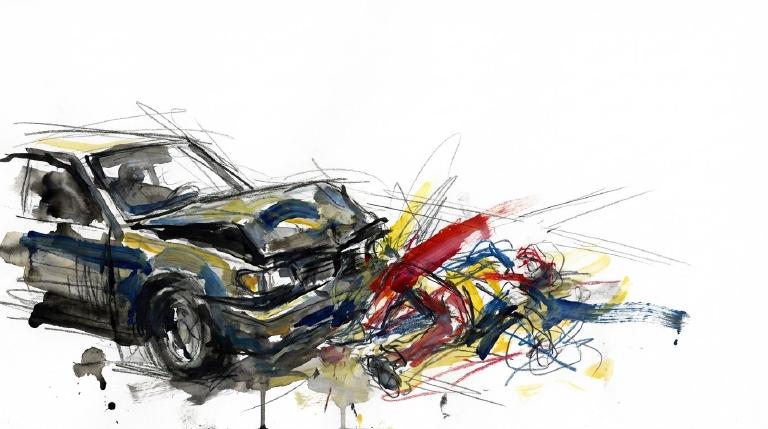 An abstract, flat graphic with comic-style borders depicts a street intersection. A stylized human figure is near a blocky vehicle shape, conveying a serious moment of interaction. The muted colors reflect the grave tone of a pedestrian crash report.