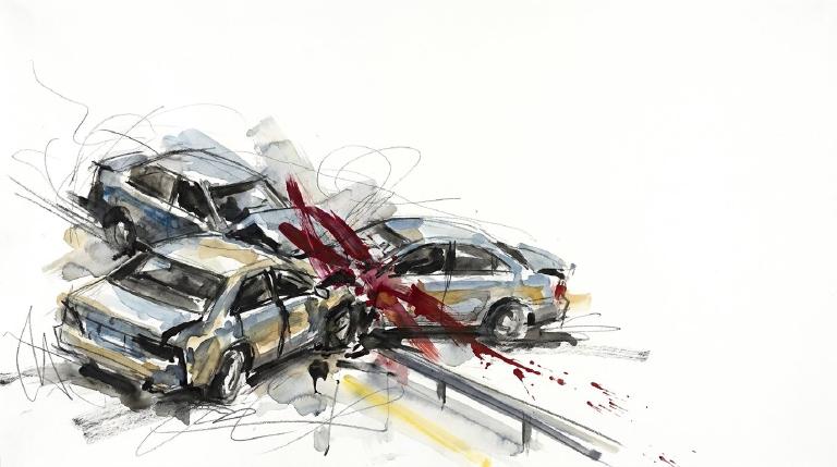 An abstract, flat graphic depicts two stylized cars in a collision on a road, one cutting into the other's lane. The image has a serious tone and is framed by distinct comic-style borders.