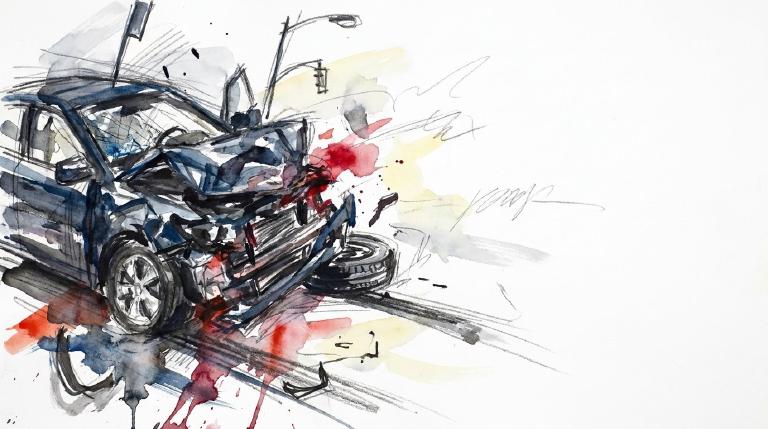 An abstract, flat graphic in a comic-style panel. Two dark, simplified cars are shown colliding on a street at night. Sharp, jagged lines and subtle red elements convey a serious, impactful crash and its grave consequences.