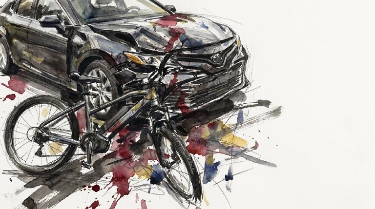 Abstract, flat graphic with stark lines and dark hues. Two simple shapes, representing an e-bike and a car, collide on a wet street at night. Framed by a comic-style border, the image conveys a serious, urgent tone.