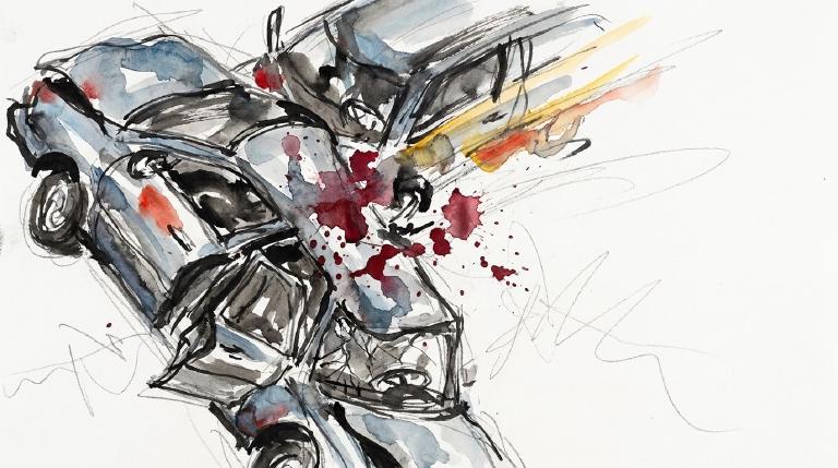 Abstract, flat graphic with jagged red and orange shapes exploding outwards from a central point, against a dark background. Bold, comic-style borders frame the scene, conveying urgent impact and chaos.