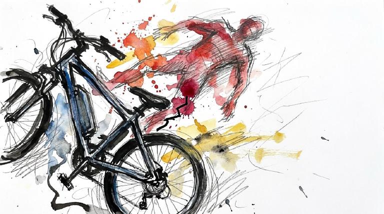 Abstract flat graphic in comic-style borders. An e-bike and its rider are violently separated in mid-air, with red lines symbolizing impact. The scene is stark, depicting the severity of a crash.