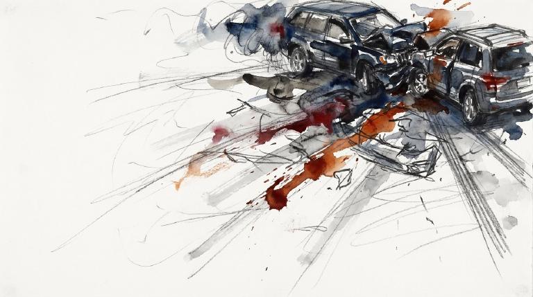 A flat, abstract graphic shows two simplified SUVs, one light and one dark, mid-collision on a road. Thick, comic-style lines emphasize the impact. The serious scene is rendered with minimal detail and stark contrast.