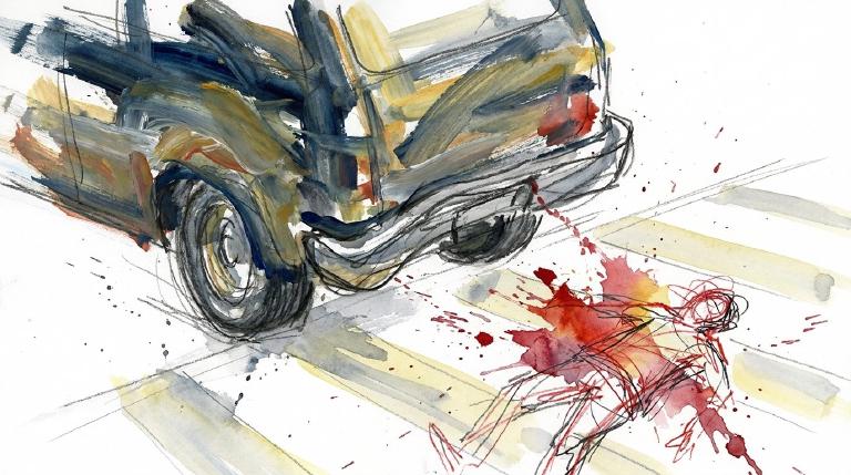 Abstract, flat graphic shows a vulnerable person in a crosswalk with a looming vehicle shape nearby. The stark design and comic-style border evoke the danger of unsafe driving and its impact on pedestrians.