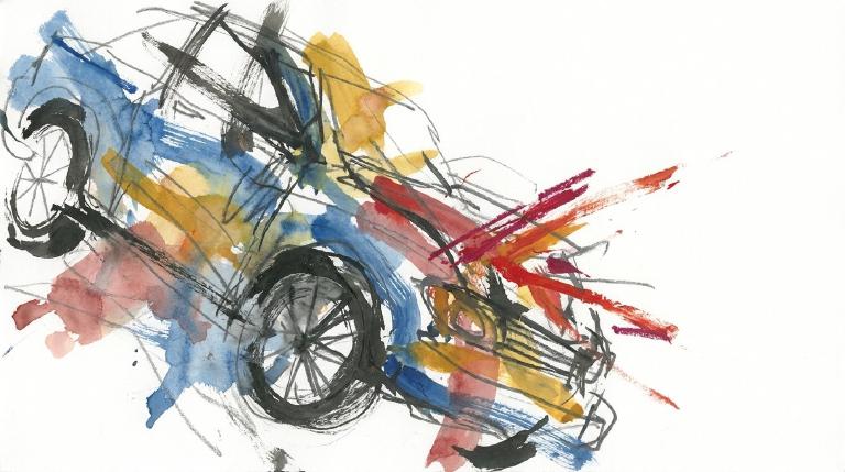 A flat, abstract graphic framed by comic-style borders. Simplified shapes of a car and a person on a street create a stark scene, conveying an abrupt and serious encounter.