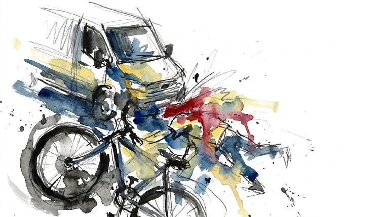 A flat, abstract graphic shows a delivery vehicle icon colliding with a cyclist icon. The stark design and simple shapes on a road surface convey a serious impact from an unsafe lane change.