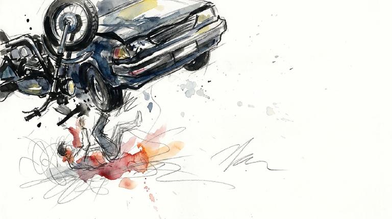 A flat, abstract graphic depicts a collision between a car and a motorcycle. A simple figure is shown being ejected from the motorcycle, with radiating lines indicating impact. The graphic uses bold, clean shapes to convey a serious tone.