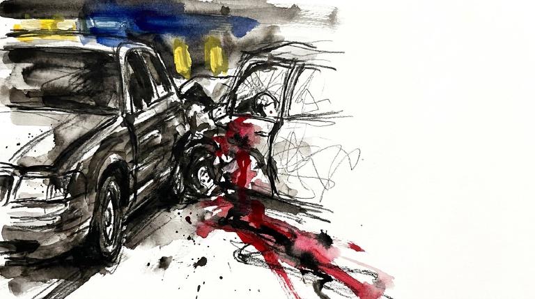 A stark, flat graphic depicting two simplified vehicle shapes clashing at an intersection. Jagged lines burst from the impact point, framed by bold, comic-style borders. The overall tone is serious and impactful, highlighting the collision.