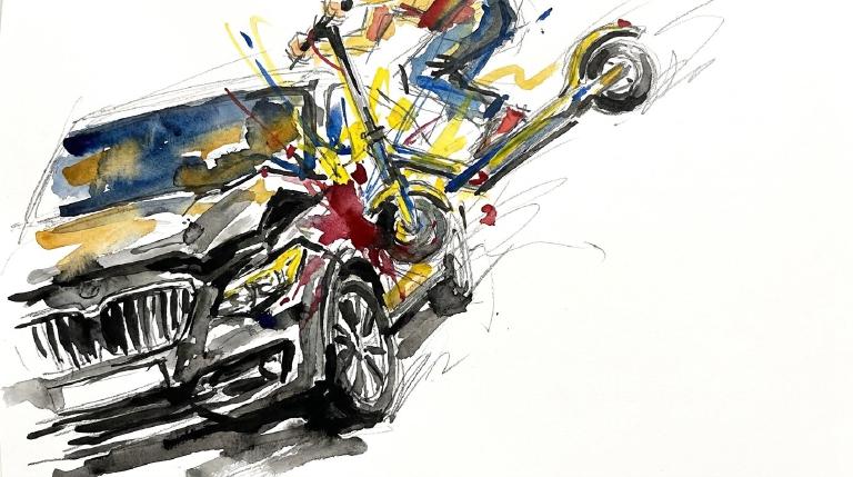 A flat, abstract graphic with thick, comic-style borders. A simplified car collides with a person on an e-scooter. Impact lines convey the force, showing the rider ejected and airborne. The scene evokes a stark, urgent tone of accident and injury.