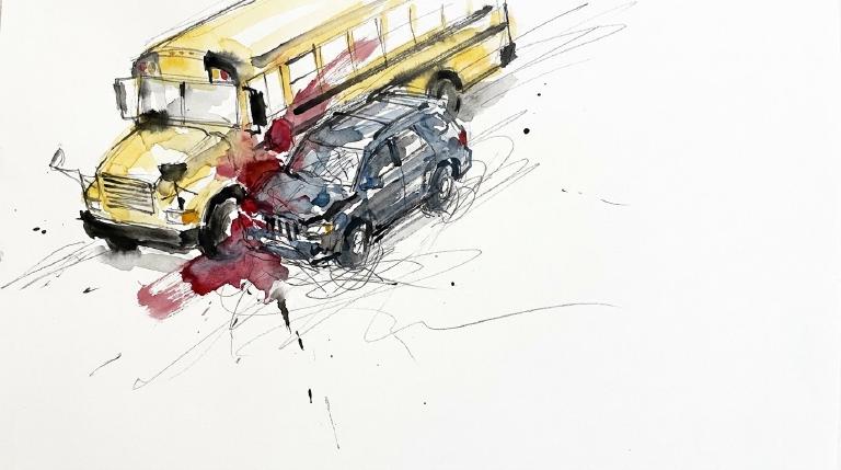 An abstract, flat graphic, framed by comic-style borders, depicts a simplified yellow school bus and a gray SUV colliding at a street intersection. The illustration conveys a serious, cautionary tone about driver inattention.