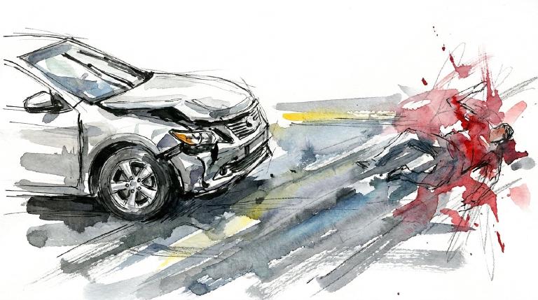 Abstract, flat graphic with bold, comic-style borders. A simplified overhead view shows a red car turning left towards a pedestrian in a crosswalk, indicating an incident. The scene conveys a stark, serious tone.