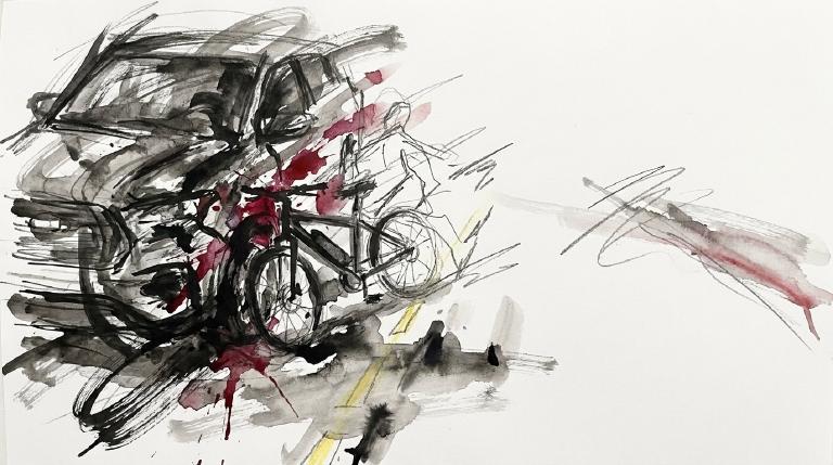 A flat, abstract graphic with thick, black comic-style borders. A yellow figure on a gray road is struck by a blue shape, causing red impact lines to burst outwards. The scene conveys a stark, serious tone.