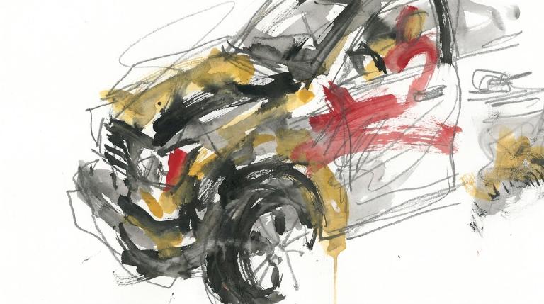 An abstract, flat graphic shows two simplified cars, yellow and blue, colliding at an intersection. The clean, graphic style uses muted colors, framed by a bold, comic-panel-style border. The tone is illustrative and factual, depicting an urban traff