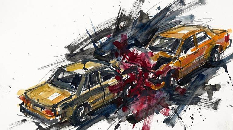 A flat, abstract graphic with comic-style borders. On a dark road, two minimalist car shapes are dangerously close, one veering into the other's path. This illustrates a close passing incident at night, conveying a serious tone.