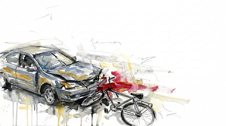 Abstract, flat graphic with comic-style borders. A simple car shape and bike shape intersect sharply at a left-turn arrow, conveying a collision. The scene is stark, reflecting a serious incident.
