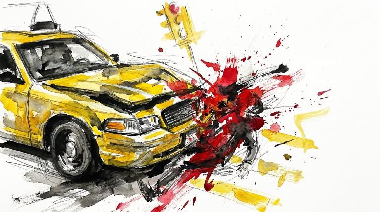 Abstract, flat graphic: A bold yellow rectangle, symbolizing a vehicle, sharply impacts a simplified grey human figure. Stark lines and flat colors create a jarring, urgent scene. The composition is framed with thick, comic-style black borders, empha