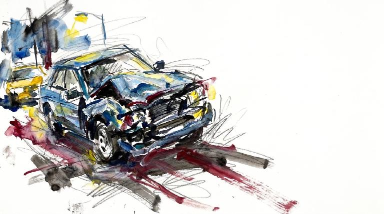 A graphic with thick, comic-style borders shows a stylized sports car in mid-crash. Jagged lines and fragmented shapes convey impact against a dark, nighttime backdrop. The tone is stark and cautionary.